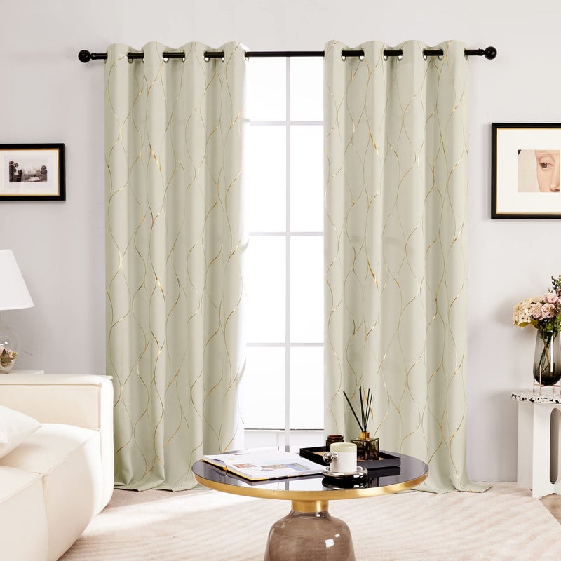 Deconovo Light Beige Blackout Curtains 2 Panel Set for Bedroom, Thermal Insulated Grommet Room Darkening Window Drapes for Living Room, Gold Line Foil Print, 52W x 108L Inch - Image 2